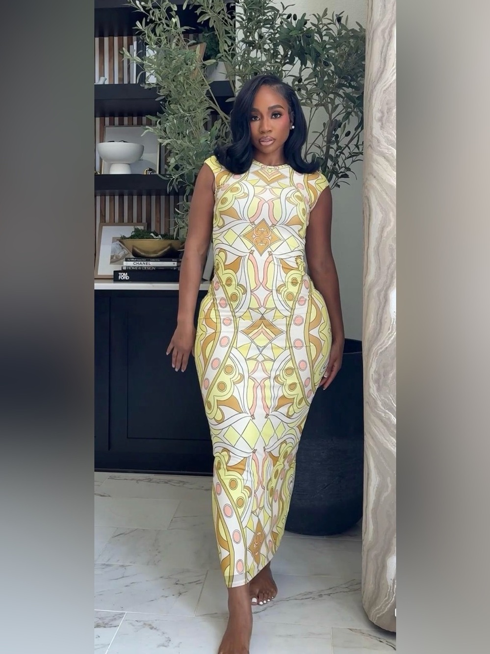 Sleeveless Yellow Patterned Bodycon Midi Dress